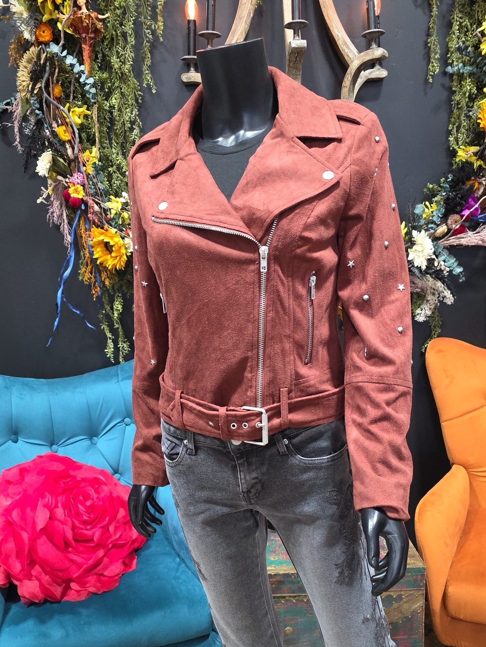 BB Dakota Rust Suede Studded Biker Style Faux Suede Jacket